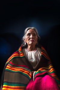 an old woman in a colorful blanket