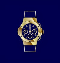 a gold watch on a blue background