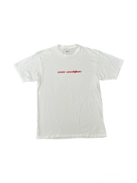 a white t - shirt with red writing on it
