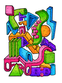 a colorful drawing of a bunch of colorful objects