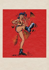 a drawing of a woman in a bikini kicking a kick