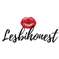 the logo for lesbohoest, with a red lipstick on a black background