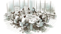 a drawing of a group of people at a conference table