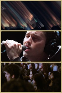 a collage of photos with a man singing into a microphone