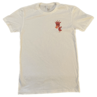 a white t - shirt with a red rooster on it