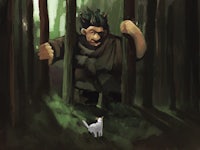a painting of a man in the woods with a white cat