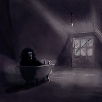 a black and white drawing of a creature in a bathtub