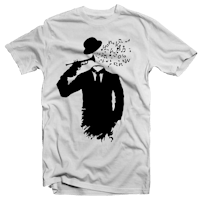 a white t - shirt with a silhouette of a man in a suit and hat