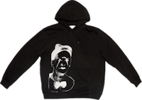 a black hoodie with an image of a man wearing a hat