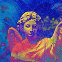 a painting of an angel with a colorful background
