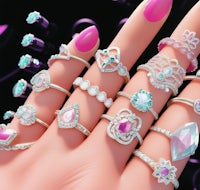 a woman's hand with a variety of rings on it