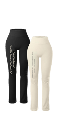 a pair of black and white leggings with a quote on them