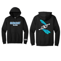 a black hoodie with blue wings on it