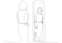 a black and white drawing of a woman looking at herself in the mirror