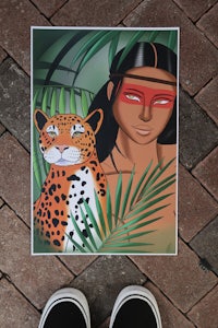 a painting of a woman and a leopard