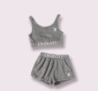 a grey sweatshirt and shorts with the word energize on them