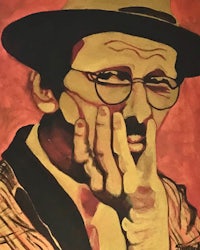 a painting of a man with glasses and a hat