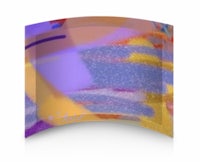 a purple, yellow, and blue abstract painting on a curved surface