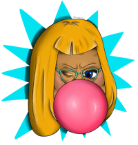 a cartoon girl blowing a pink bubble