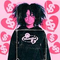 a girl in a pink hoodie with dollar signs around her
