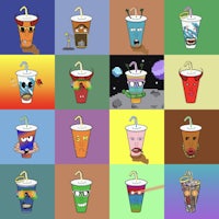 a collage of different drinks with different faces on them