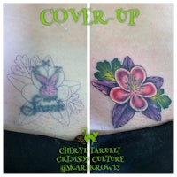 a tattoo with a flower and a cover up