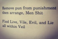 a book with the words remove pun from punishment then arrange men shit find vile, evil, and lie with