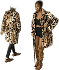 a woman wearing a leopard print coat and thigh high boots