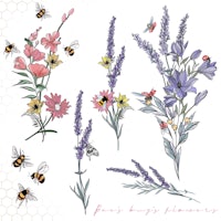 a collection of bees and flowers on a white background