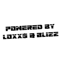 a black and white logo with the words powered by luxx & b blizz