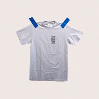 a white t - shirt with blue tape on it