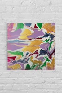 a colorful abstract painting on a brick wall