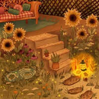 a drawing of a garden with a fire pit and sunflowers