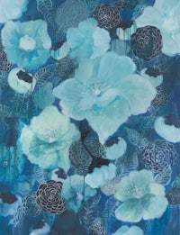 a painting of blue flowers on a blue background