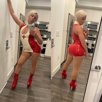 two photos of a woman in a red and white nurse outfit