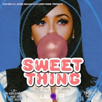 a poster for sweet thing featuring a woman blowing a bubble