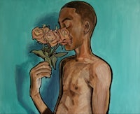 a painting of a man holding a bouquet of roses