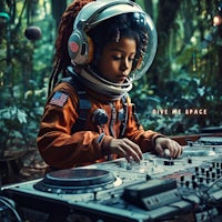 a girl in an astronaut outfit playing a dj in a forest