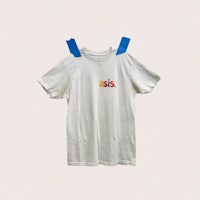 a white t - shirt with a blue ribbon on it