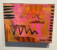 an abstract painting with a pink, orange, and black background