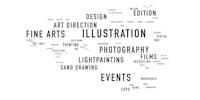 a black and white word cloud with the words art, illustration, fine art, photography, and events