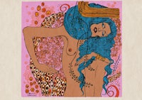 a drawing of a woman with blue hair on a pink background