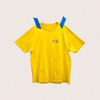 a yellow t - shirt with a blue ribbon on it