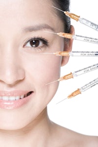 a woman with several syringes on her face