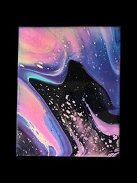 a purple, blue, and black painting on a black background