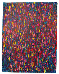 an abstract painting with bright colors on a black background