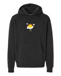 a black hoodie with an image of a fire on it