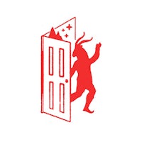 a red illustration of a man opening a door