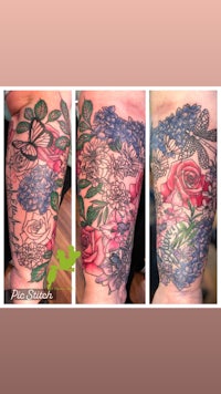 sleeve tattoo with flowers and roses