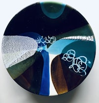 a black and blue plate with a design on it